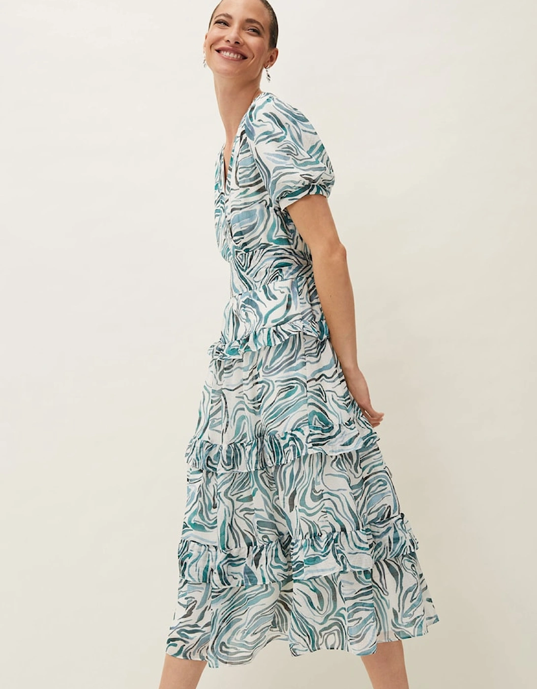 Iona Swirls Print Tiered Short Sleeved Midi Dress