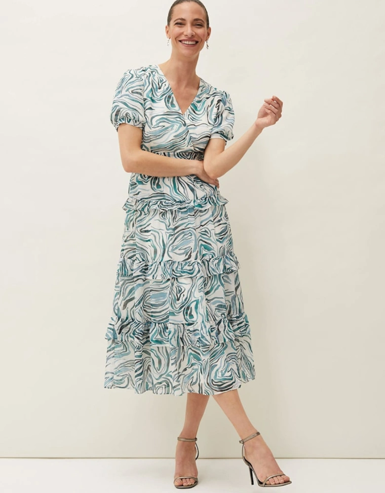 Iona Swirls Print Tiered Short Sleeved Midi Dress