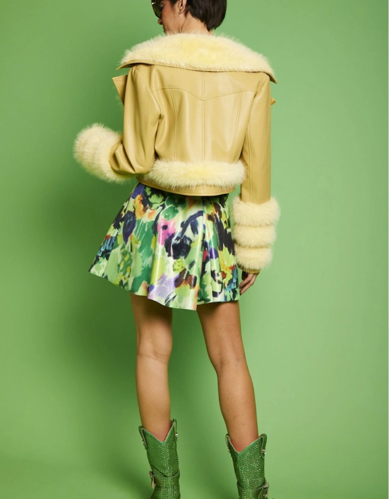 Yellow Faux Leather with yellow Faux Fur Biker Jacket