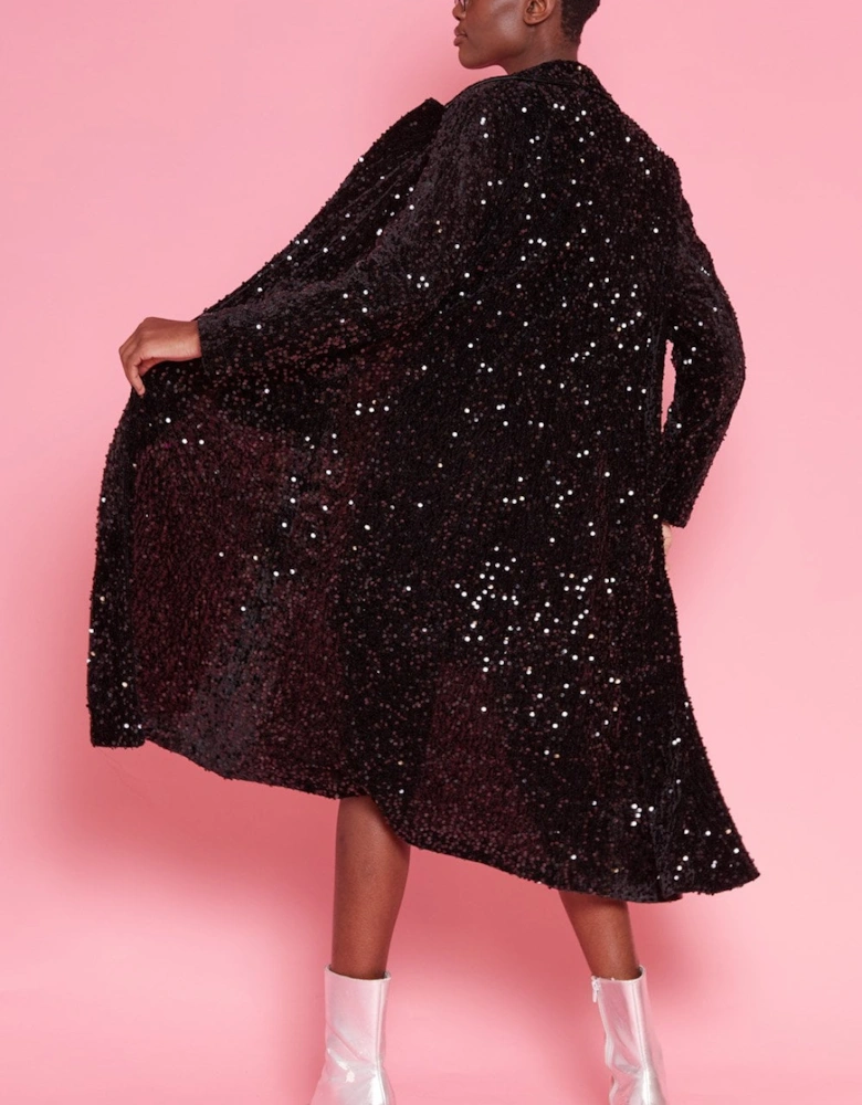 Black Sequin Velvet Trench Coat