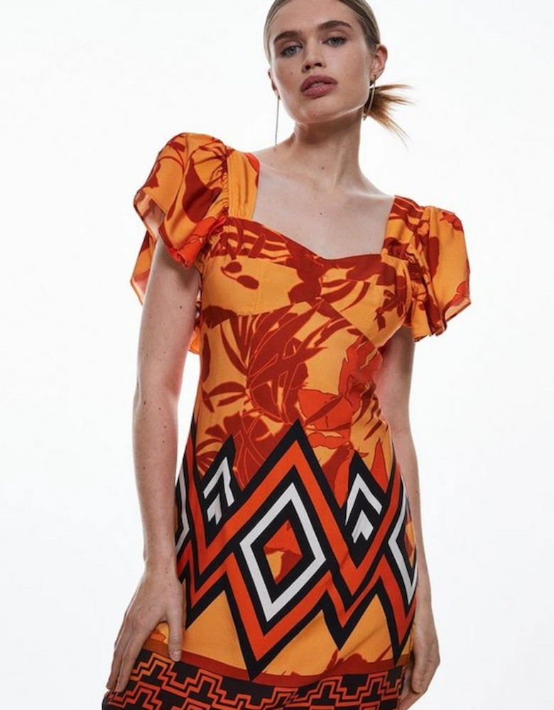 Linen Viscose Placed Boarder Print Woven Mini Dress