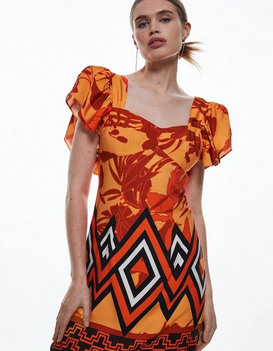 Linen Viscose Placed Boarder Print Woven Mini Dress, 5 of 4