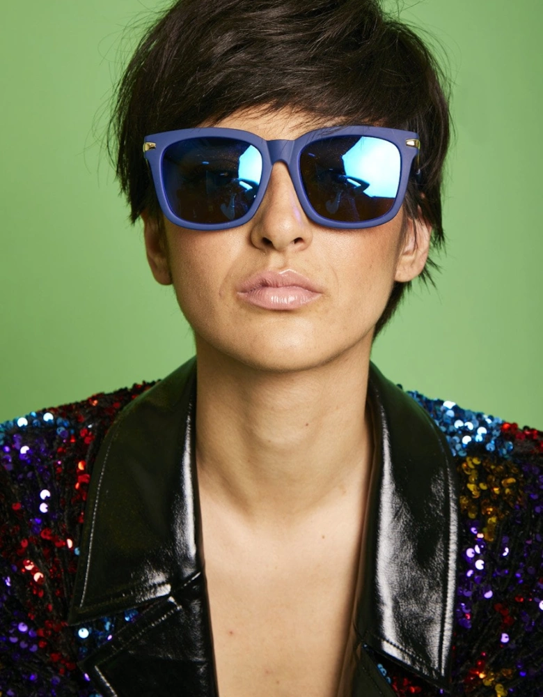 Black Sunglasses with Blue and Gold Frame