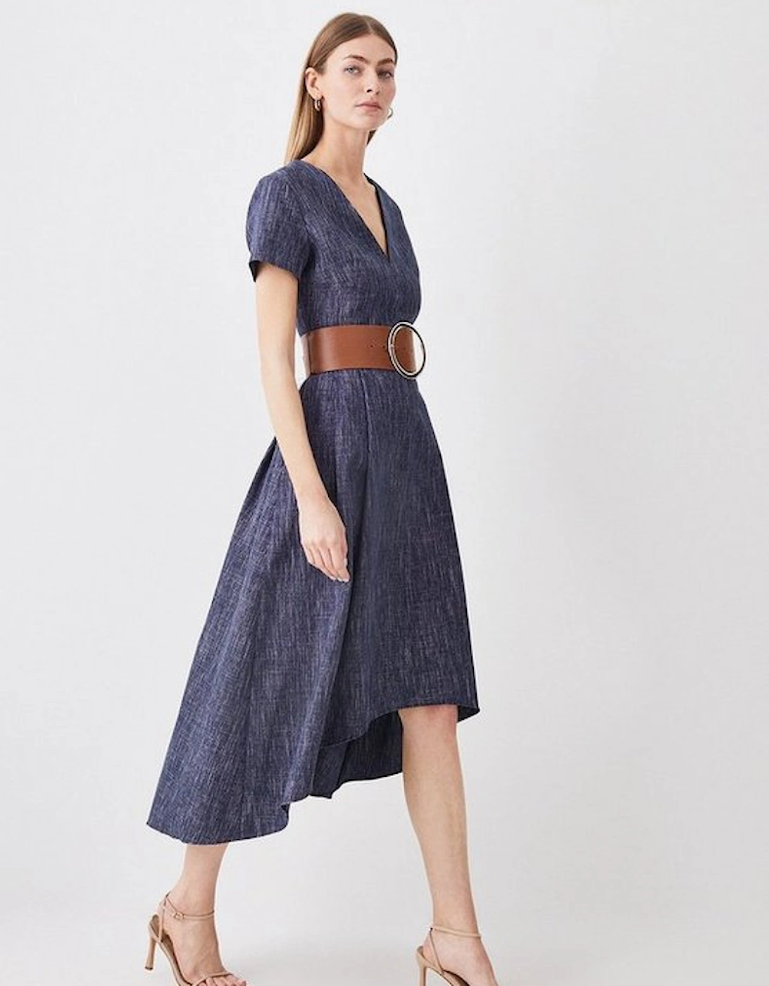 Tailored Denim Look Full Skirted Midi Dress, 5 of 4