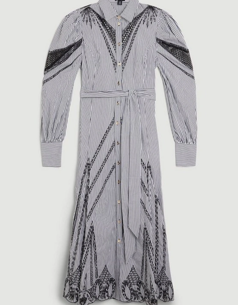 Striped Cotton Cutwork Midi Shirt Dress