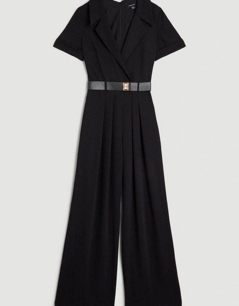 Soft Tailored Belted Pleat Wide Leg Jumpsuit
