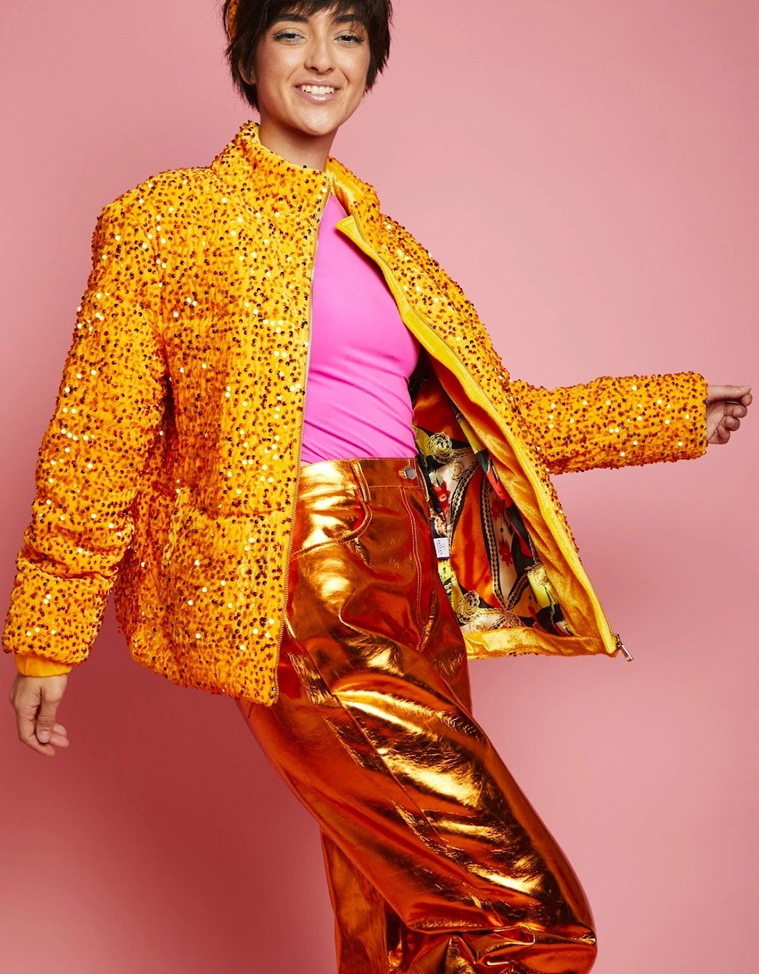 Orange Sequin Puffer Jacket