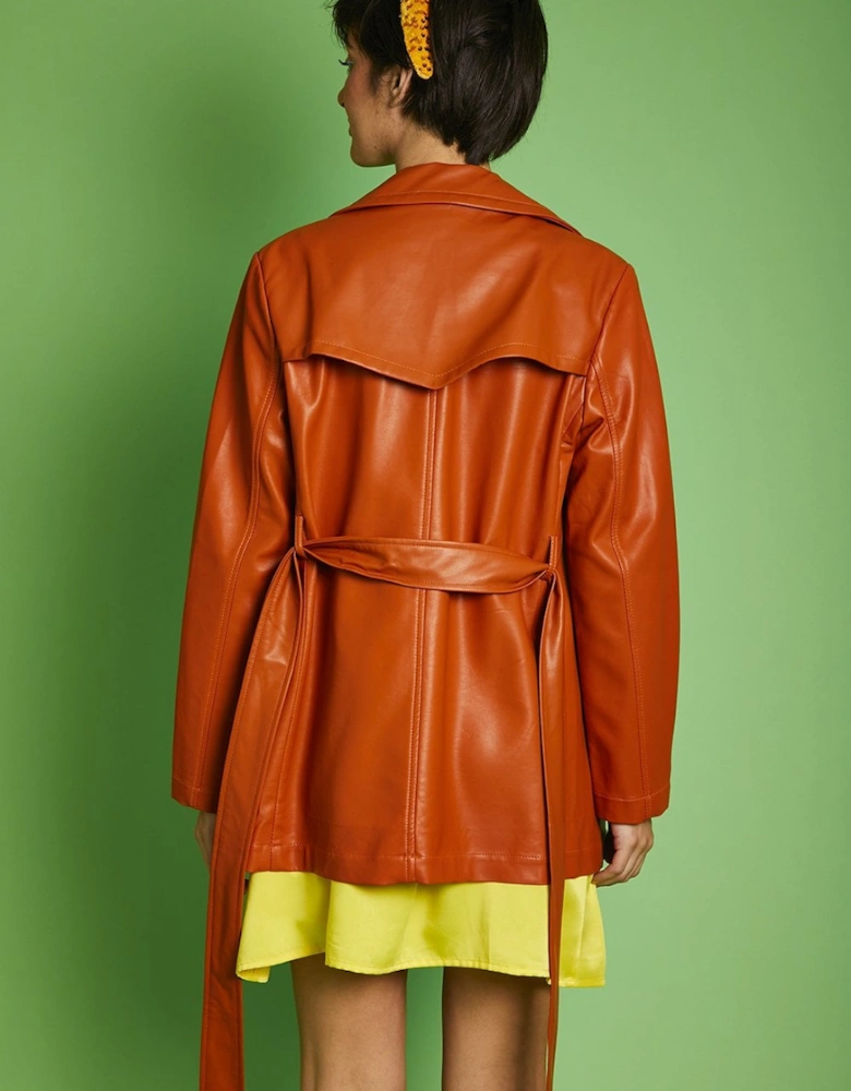 Orange Eco Leather Midi Trench Coat