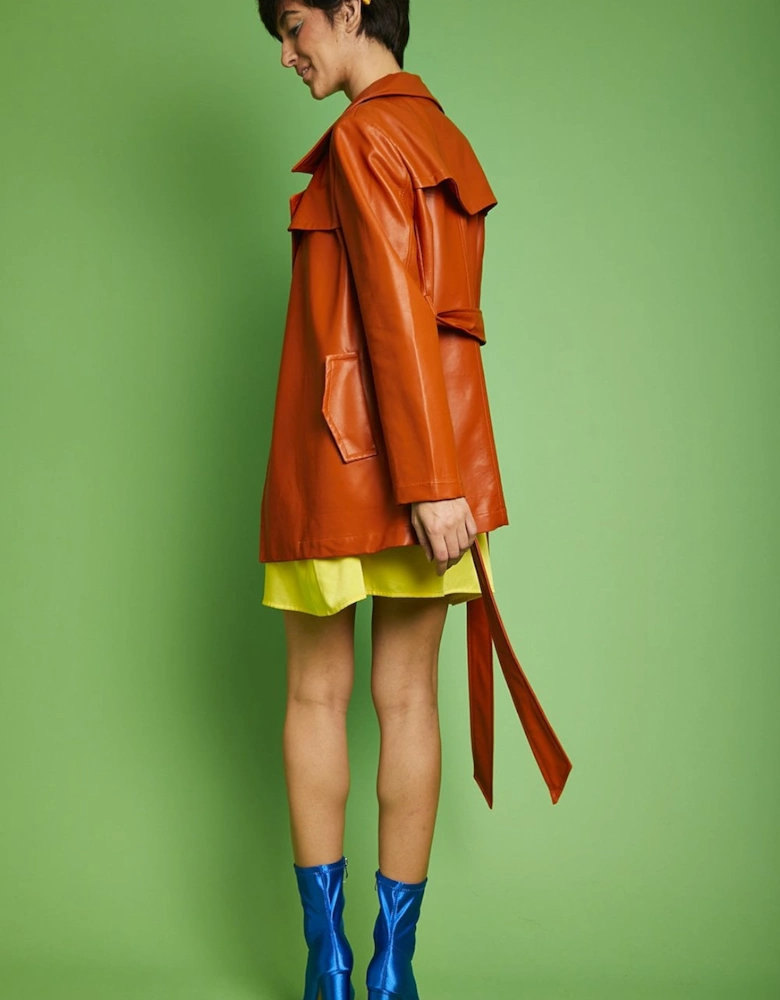 Orange Eco Leather Midi Trench Coat