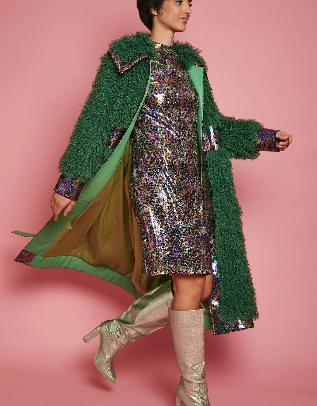 Green Knitted Bamboo and Mongolian Coat