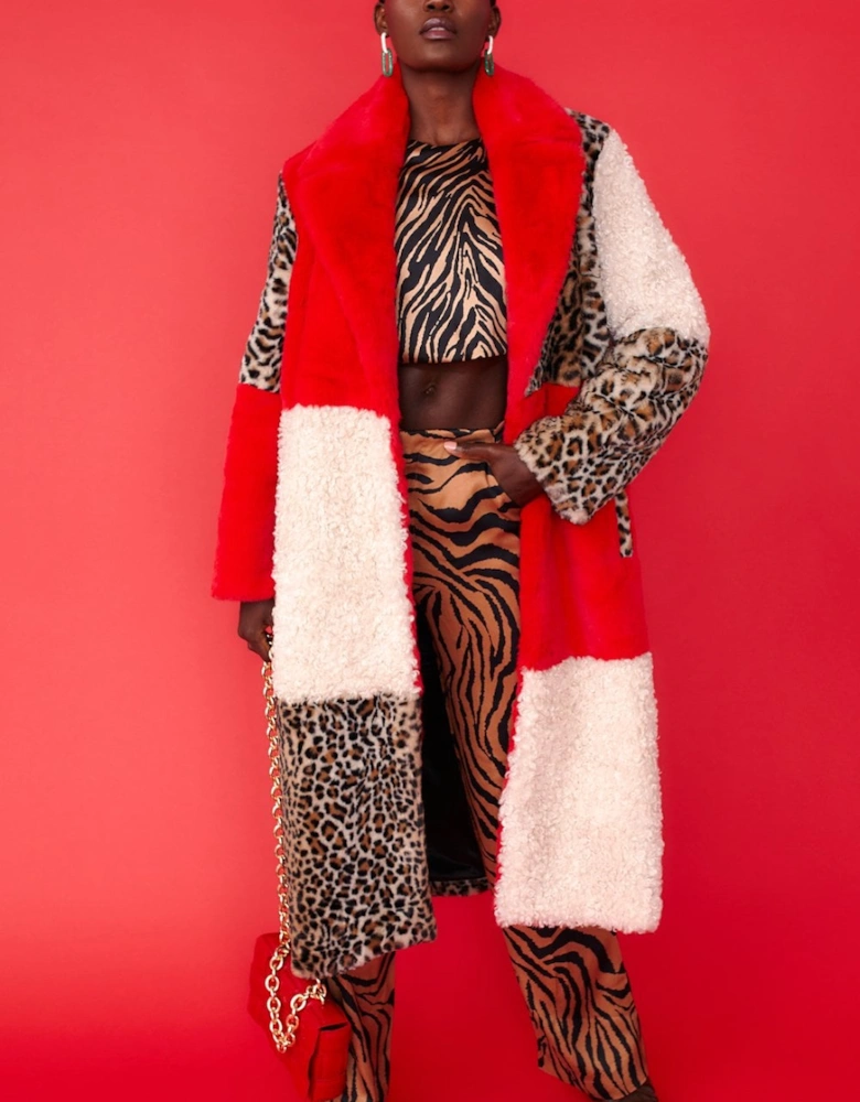 Maxi Checkered Leopard Print and Shearling Faux Fur Coat