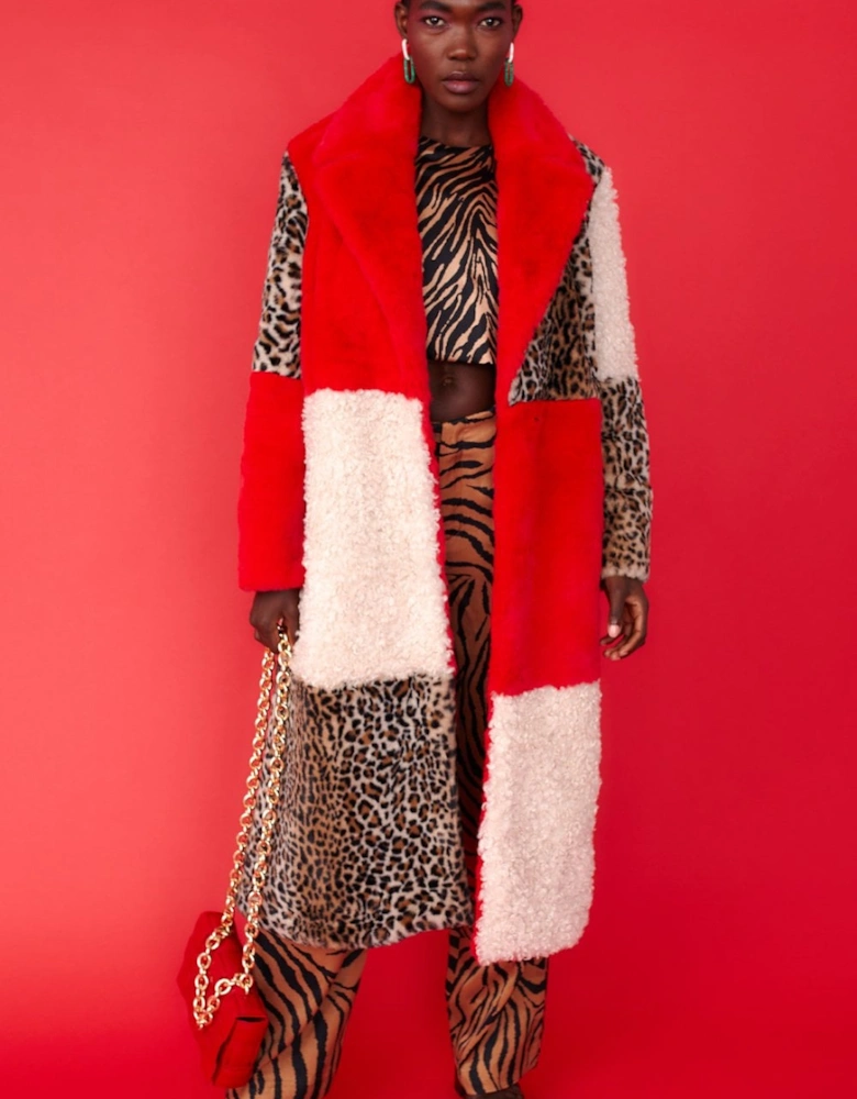 Maxi Checkered Leopard Print and Shearling Faux Fur Coat