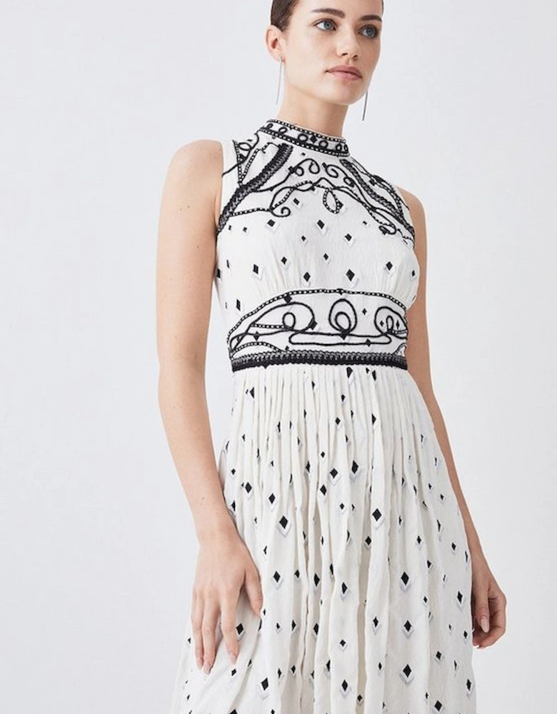 Petite Embroidered Cornelli Tape Woven Dress