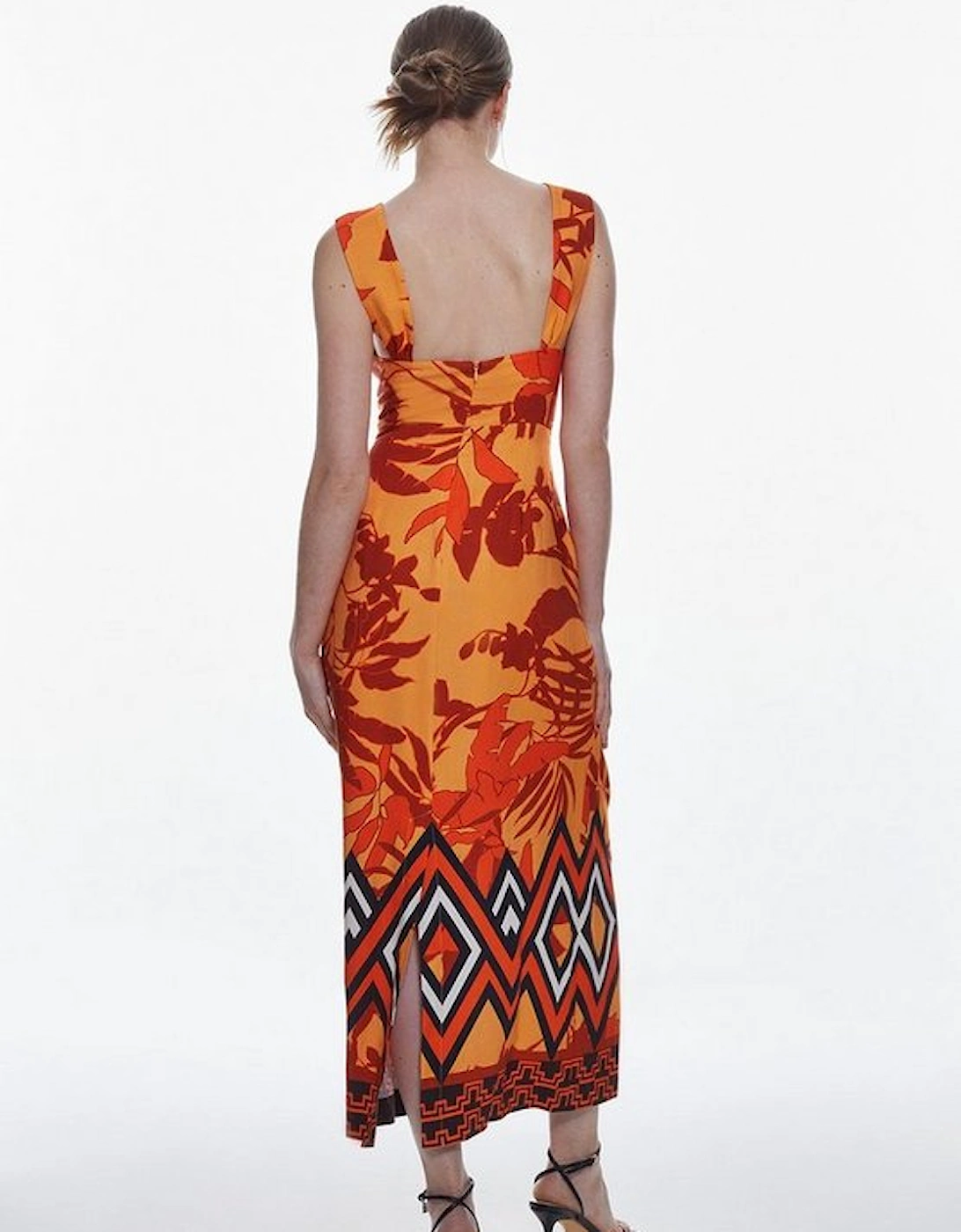 Linen Viscose Placed Boarder Print Woven Midi Dress
