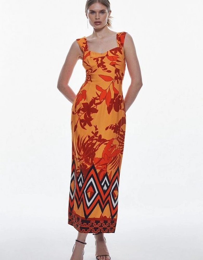Linen Viscose Placed Boarder Print Woven Midi Dress
