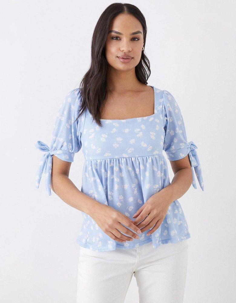 Square Neck Tie Sleeve Top - Blue
