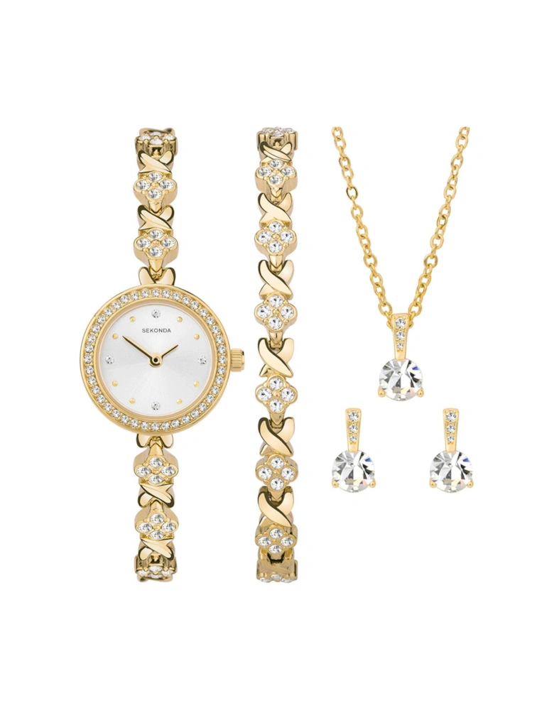 Womens Gold Alloy Bracelet Watch with Silver Dial Gift Set