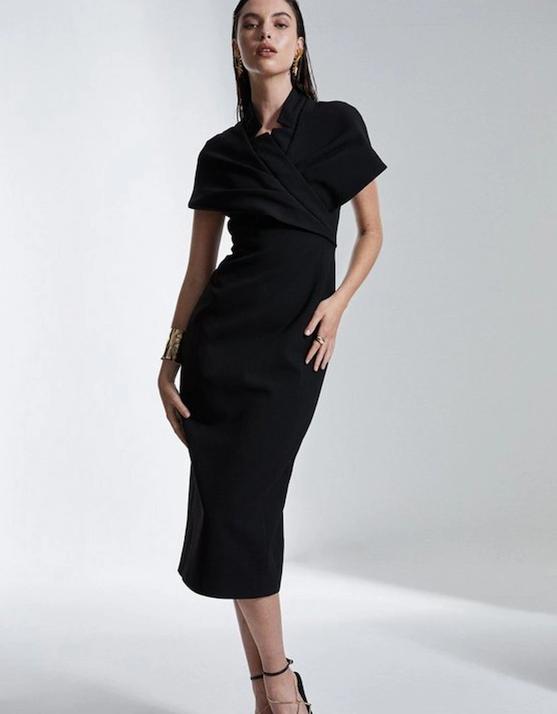 Structured Crepe Cape Detail Midi Dress, 5 of 4