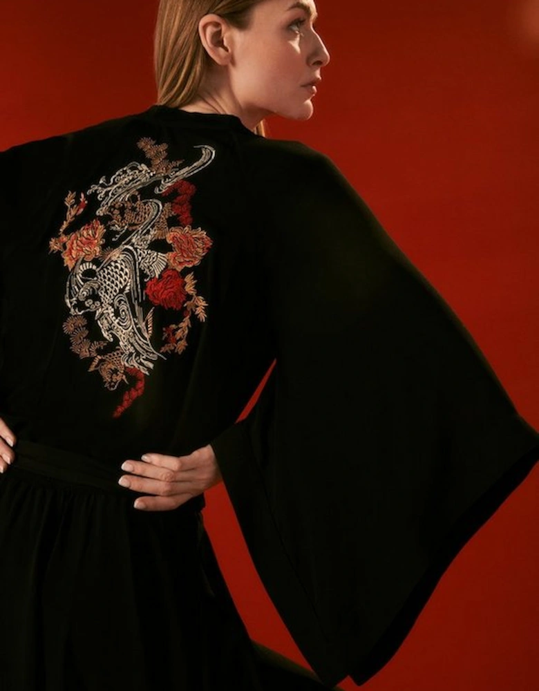 The Founder Petite Koi Embroidered Woven Mini Dress