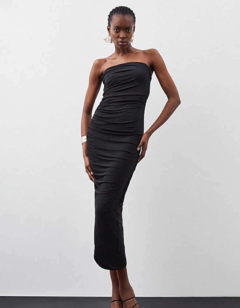 Jersey Crepe Ruched Detail Asymetric Midi Dress