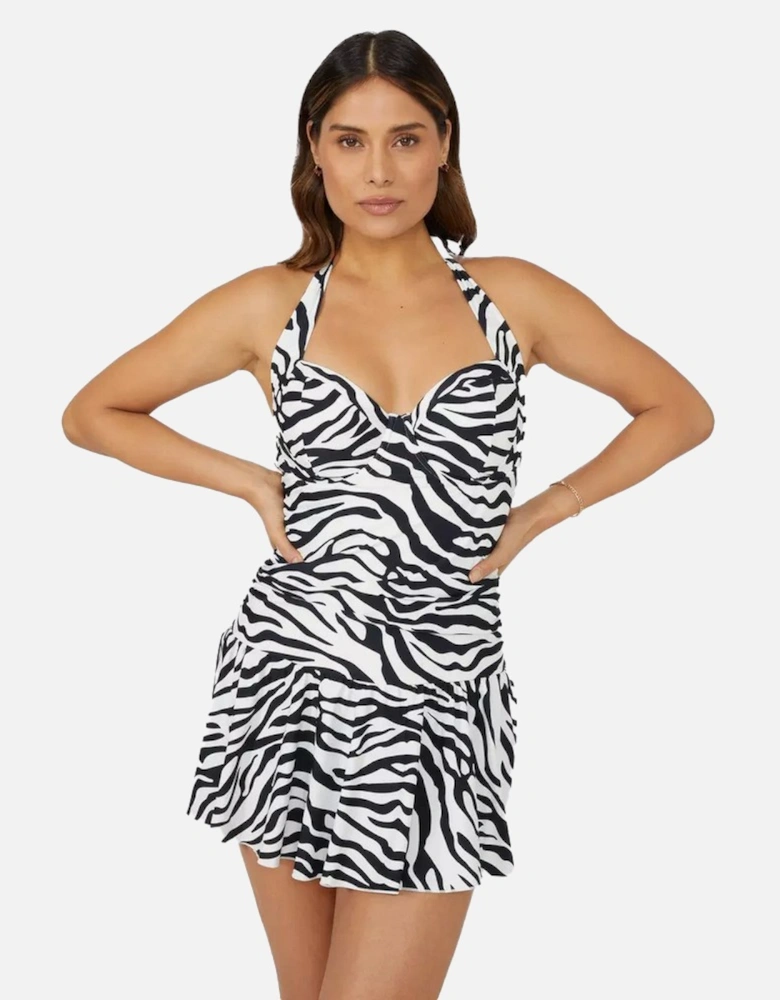 Womens/Ladies Zebra Print Skirted One Piece Swimsuit