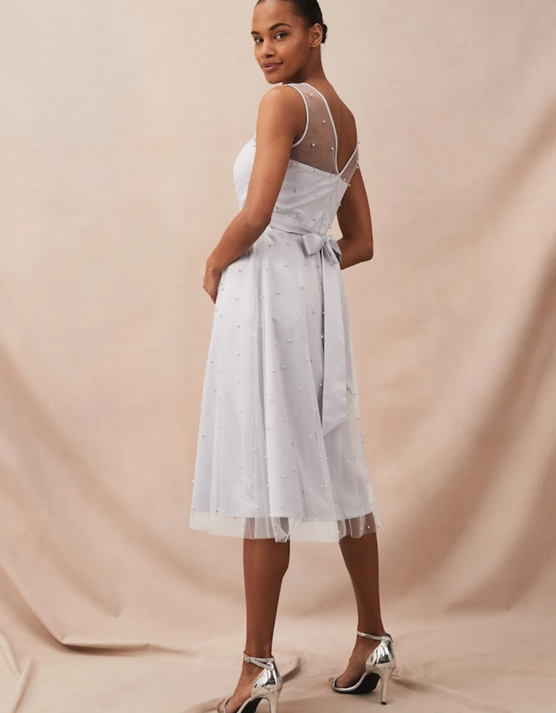 Evadine Pearl Embellished Tulle Dress