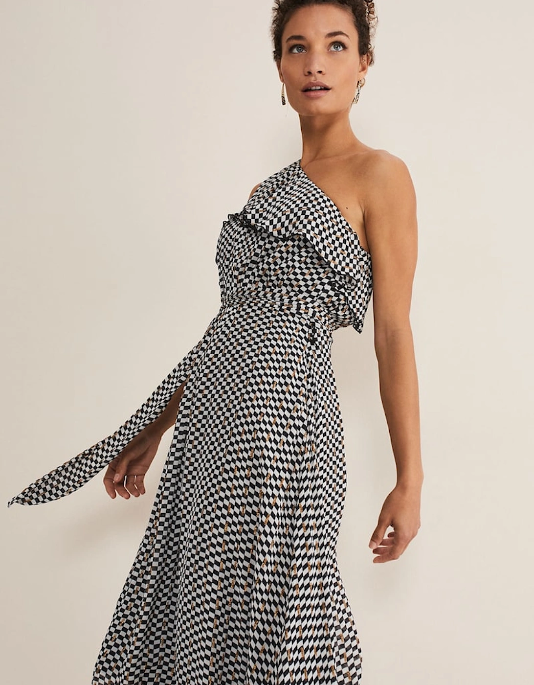 Kaz Checked One Shoulder Midi Dress