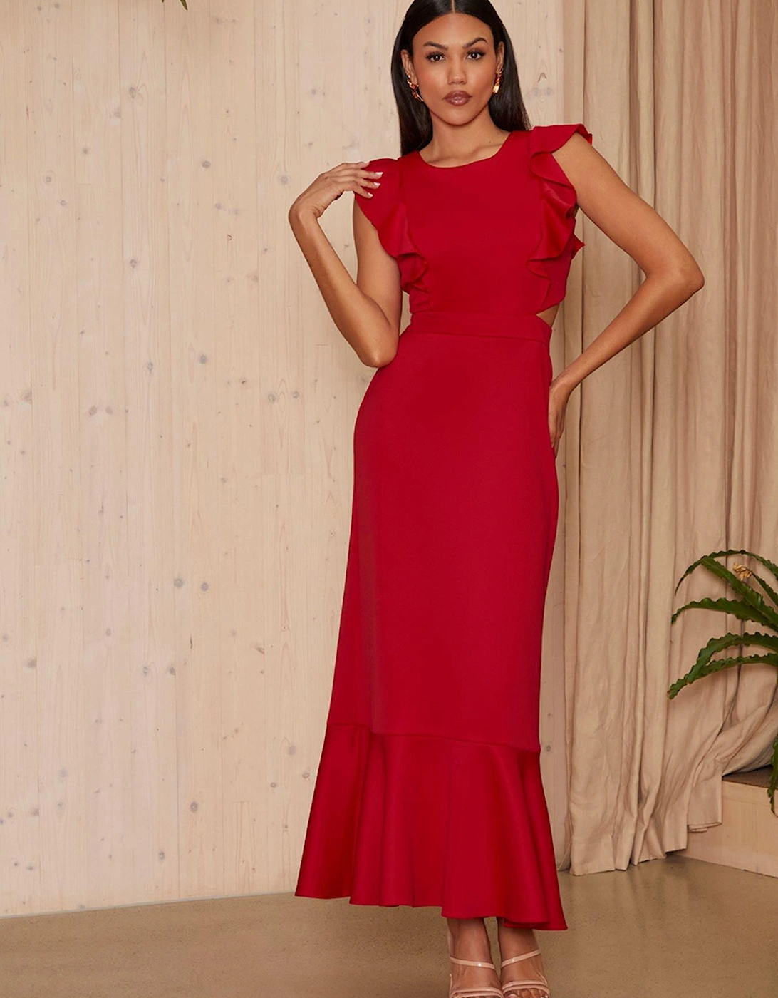 Ruffle Sleeve Cut Out Back Maxi Dress - Red, 5 of 4