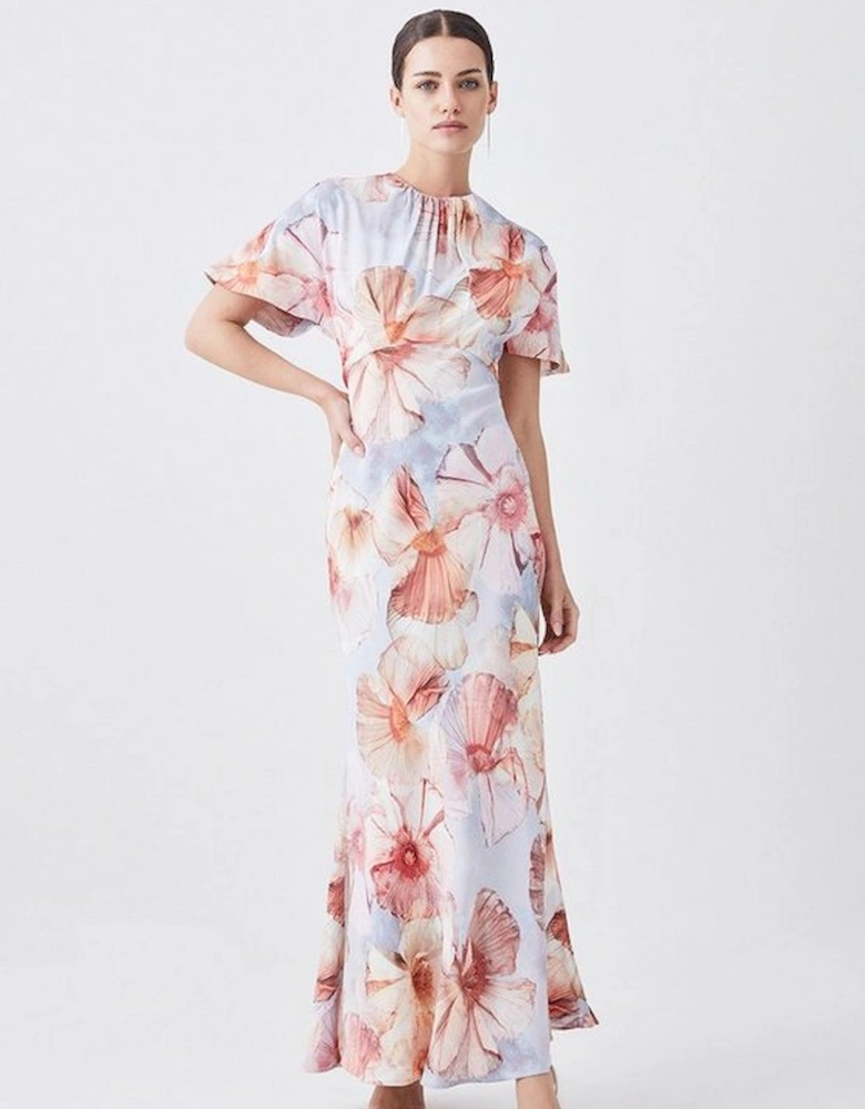 Petite Satin Crepe Etched Floral Maxi Dress