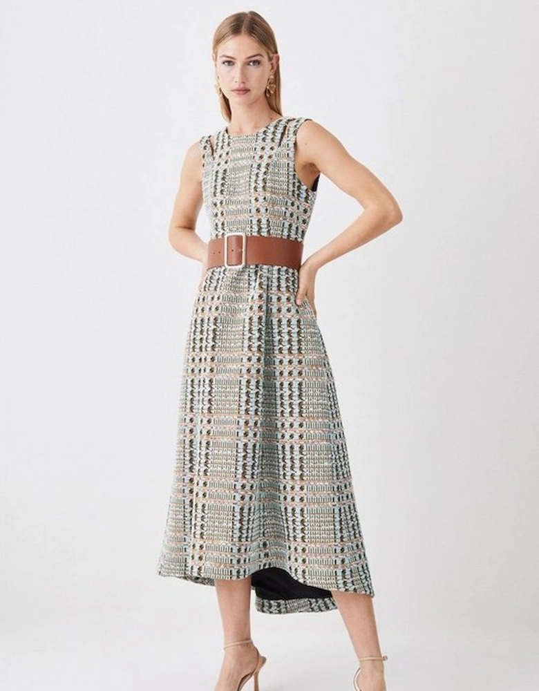 French Cotton Tweed Seam Detail Belted Midaxi Dress