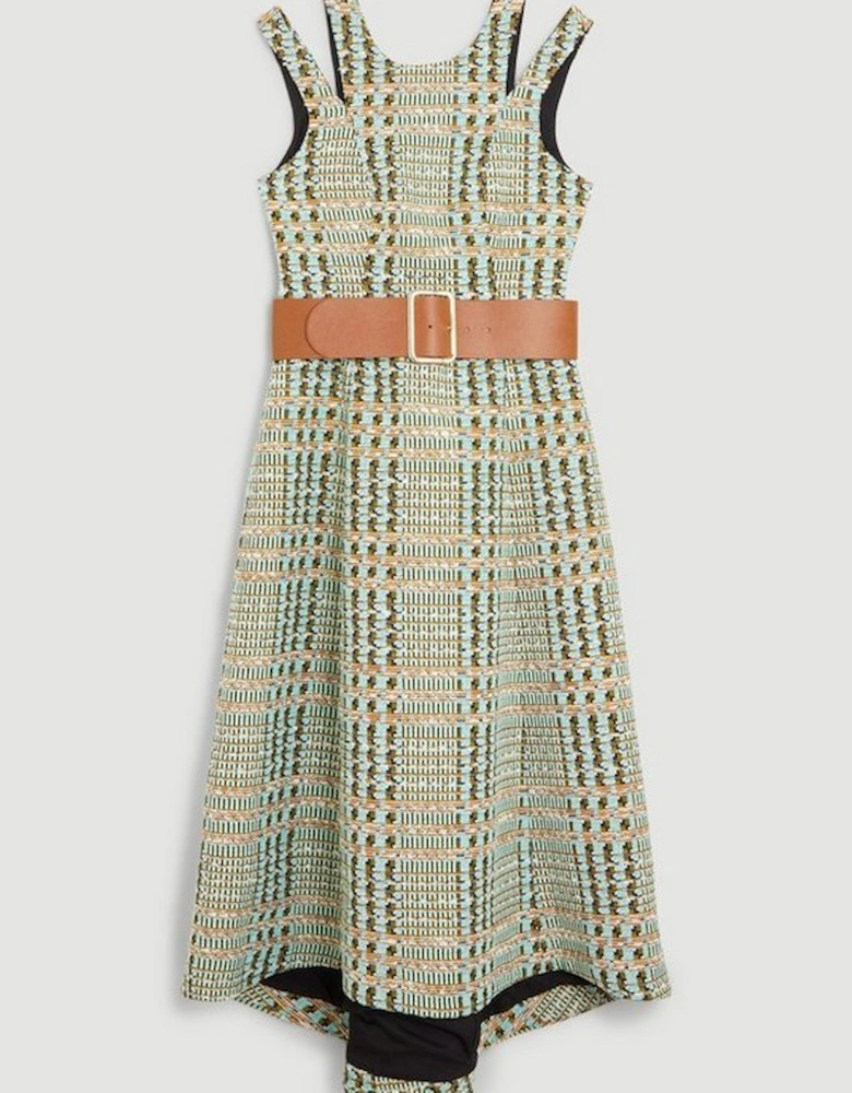French Cotton Tweed Seam Detail Belted Midaxi Dress
