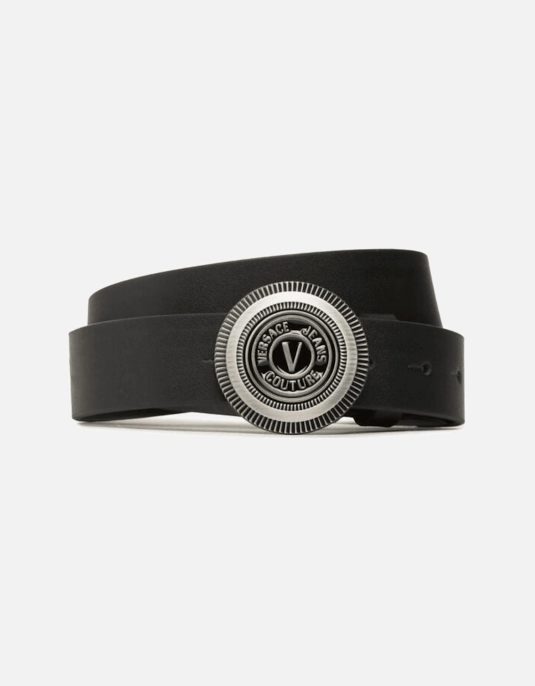 Silver V-Emblem Buckle Black Leather Belt