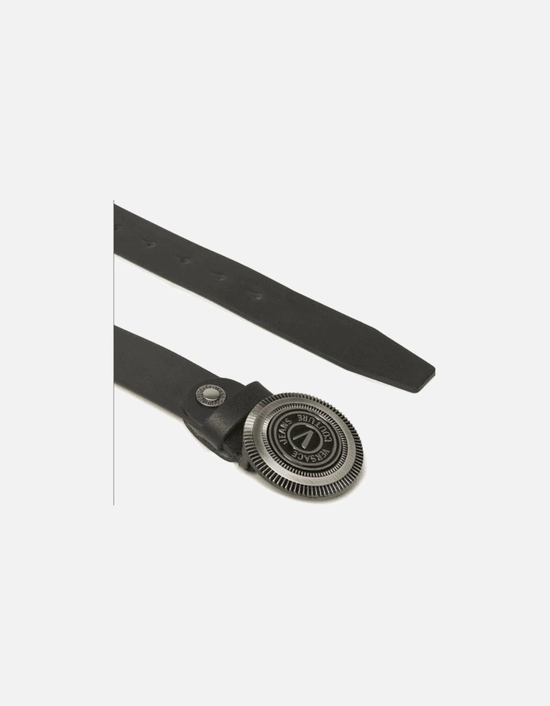 Silver V-Emblem Buckle Black Leather Belt