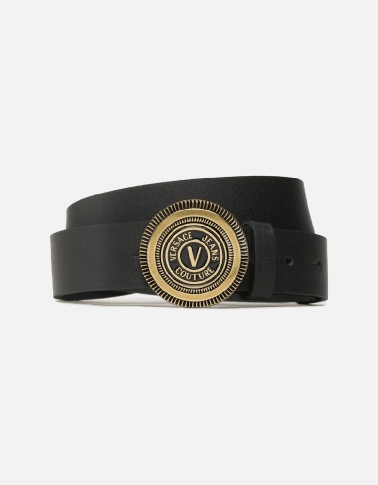 Gold V-Emblem Buckle Black Leather Belt