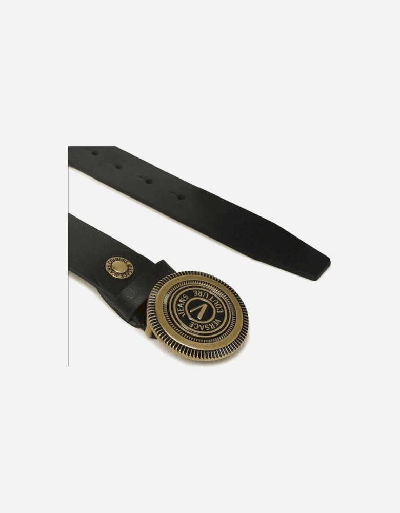 Gold V-Emblem Buckle Black Leather Belt