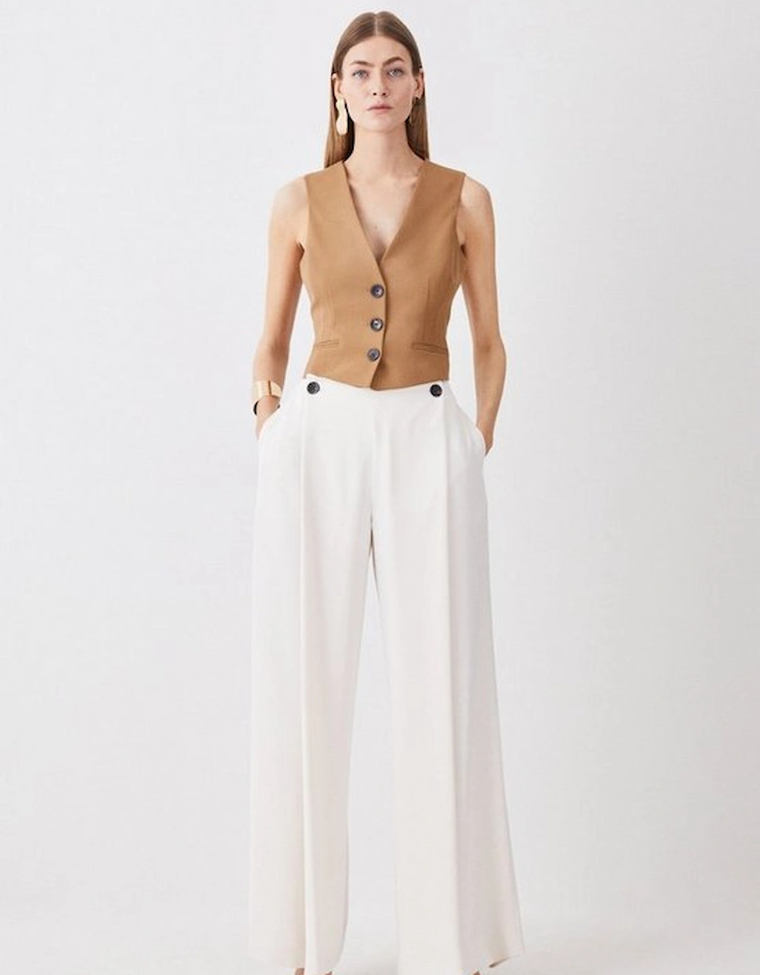 Soft Tailored Button Detail Pleated Wide Leg Trousers, 5 of 4