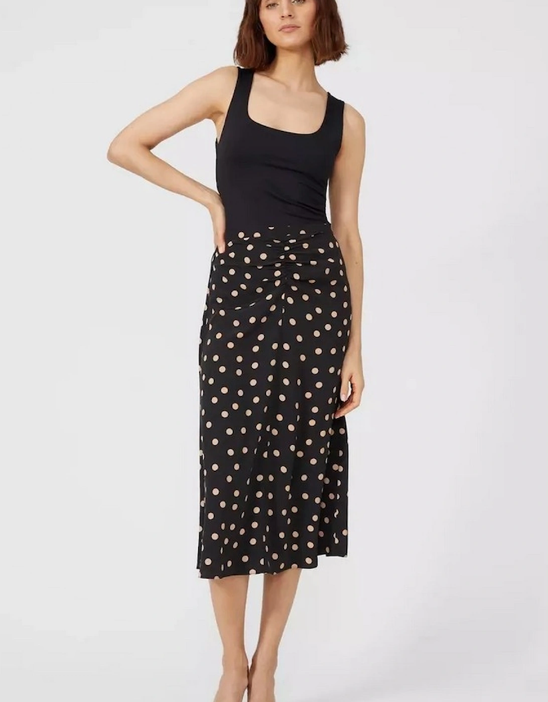 Womens/Ladies Spotted Ruched Front Midi Skirt