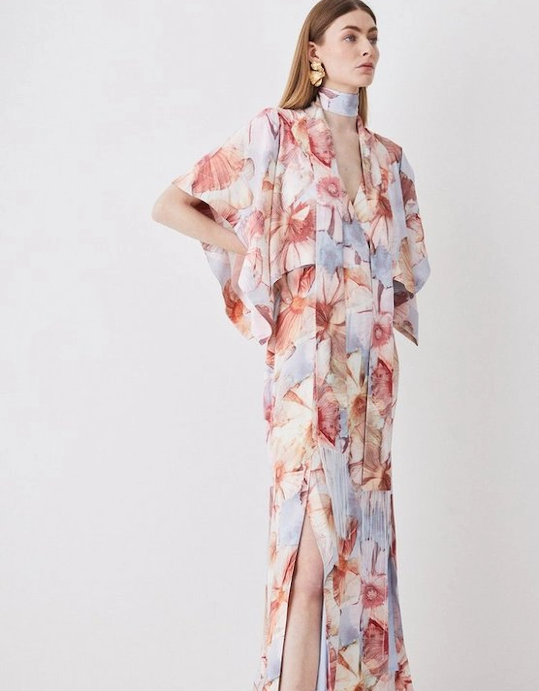 Satin Crepe Tie Neck Etched Floral Maxi Dress, 5 of 4