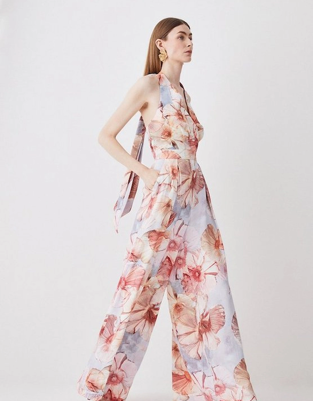 Satin Crepe Etched Floral Woven Wide Leg Jumpsuit