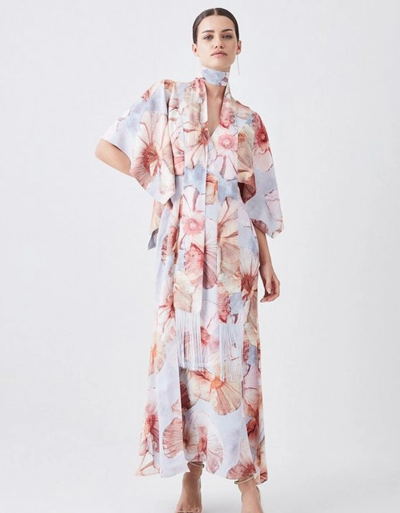 Petite Satin Crepe Tie Neck Etched Floral Maxi Dress