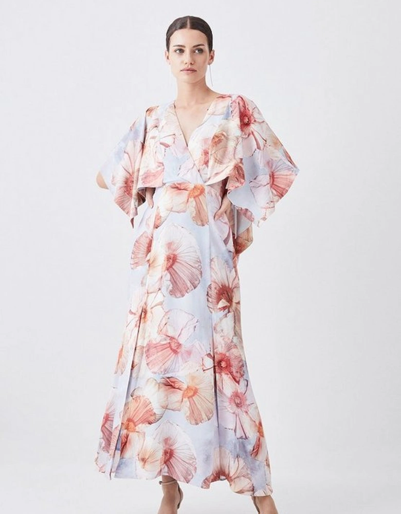 Petite Satin Crepe Tie Neck Etched Floral Maxi Dress