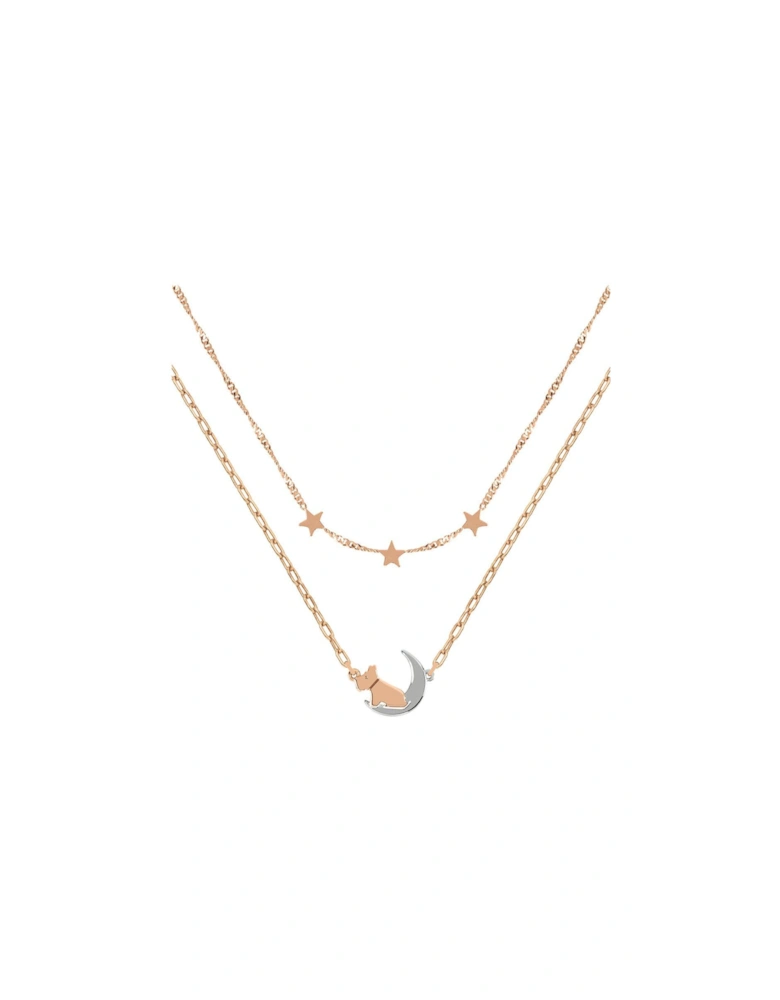 Ladies 18ct Rose Gold Plated Two Tone Dog in Moon Necklace