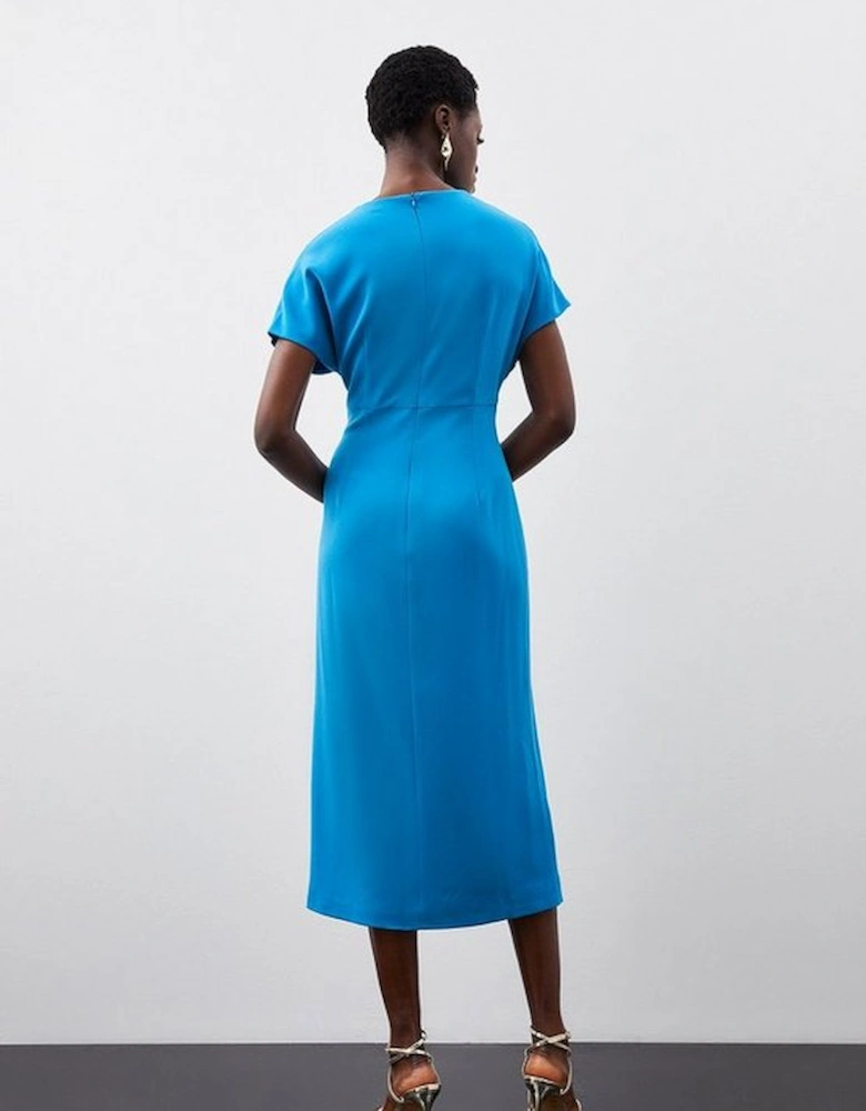 Premium Crepe Twist Waist Detail Cap Sleeve Midi Dress