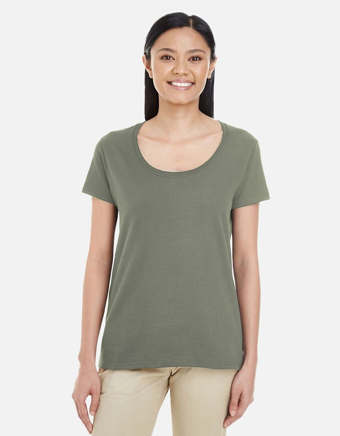 Womens/Ladies Short Sleeve Deep Scoop Neck T-Shirt