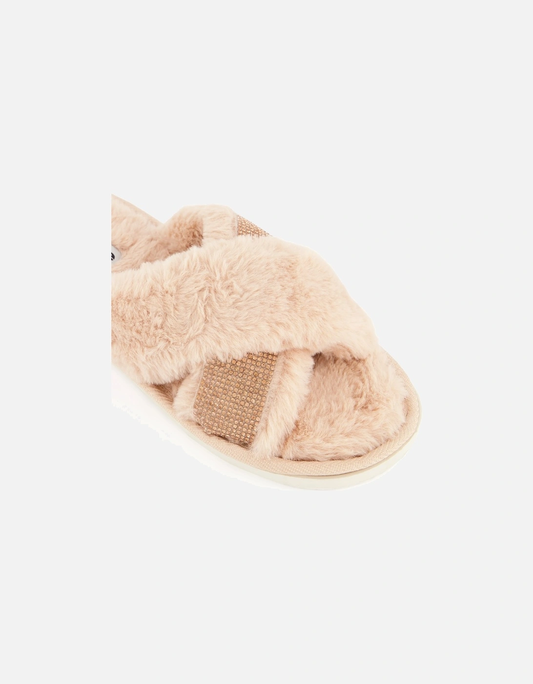 Ladies Winta - Diamante Cross Strap Faux Fur Slippers