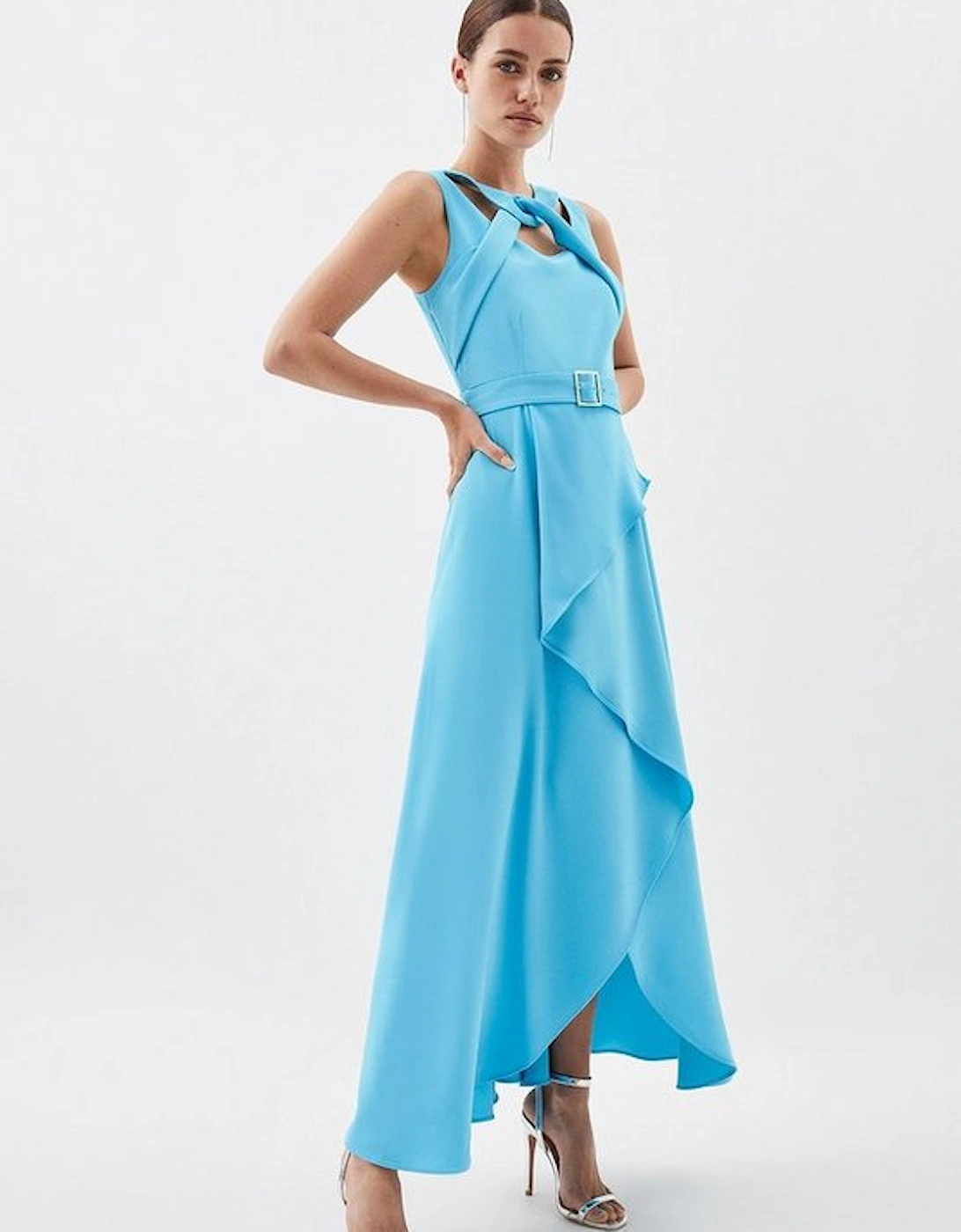 Petite Soft Tailored Tie Neck Detail Waterfall Maxi Length, 5 of 4