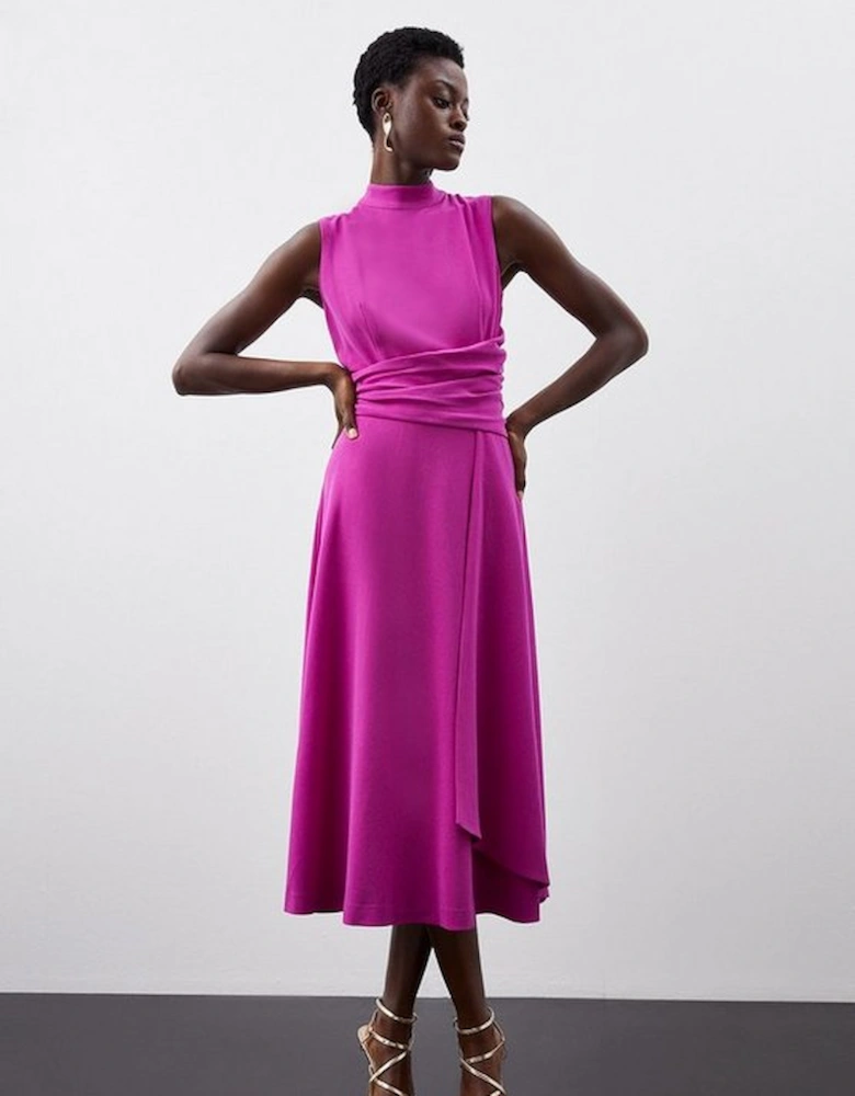 Premium Crepe Tie Halter Drape Midi Dress