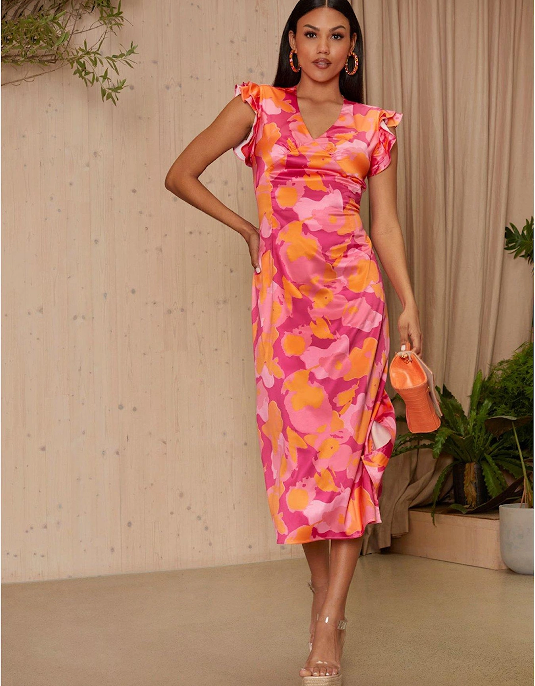 V Neck Ruffle Detail Abstract Print Midi Dress In Pink, 5 of 4
