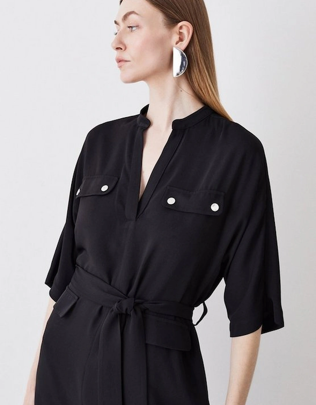 Soft Tailored Belted Relaxed Sleeve Midi Dress