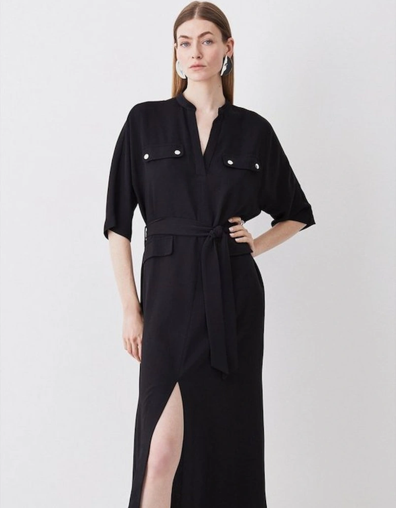 Soft Tailored Belted Relaxed Sleeve Midi Dress
